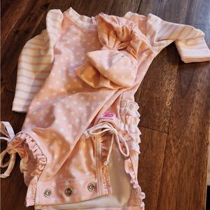 Ruffle Butts Pink and White Long Sleeve Rashguard and swim headband